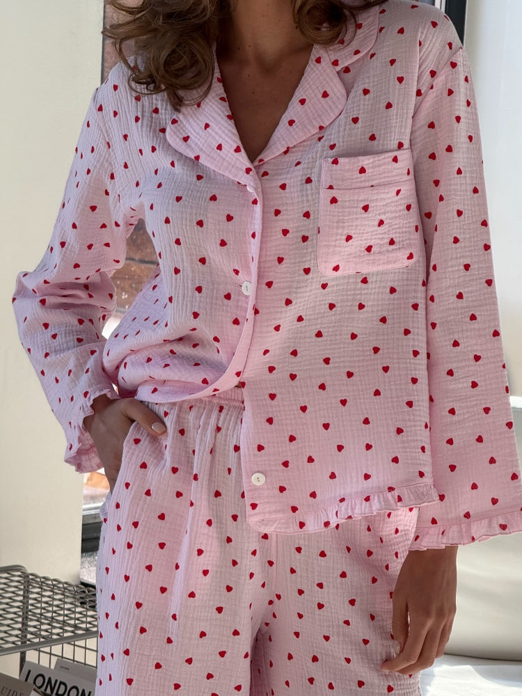 Muslin pink pajama set with print