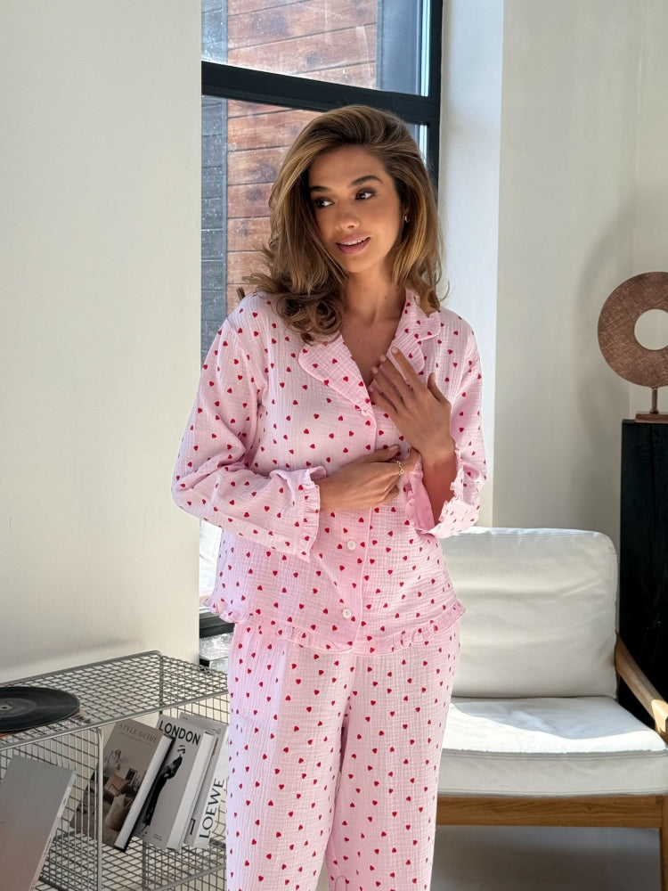 Muslin pink pajama set with print