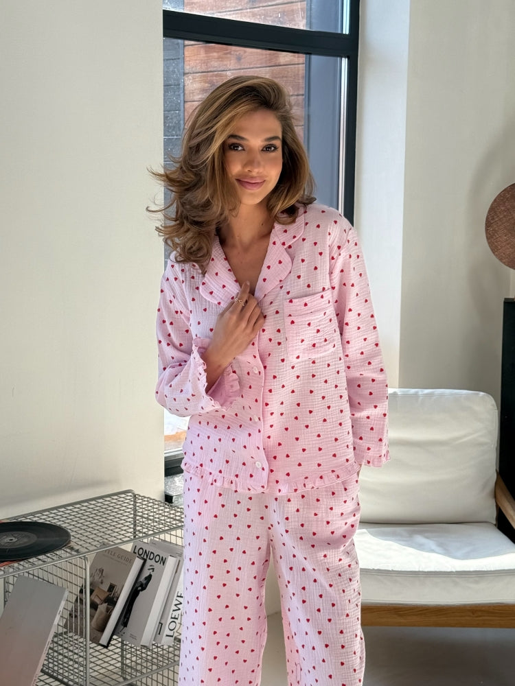 Muslin pink pajama set with print