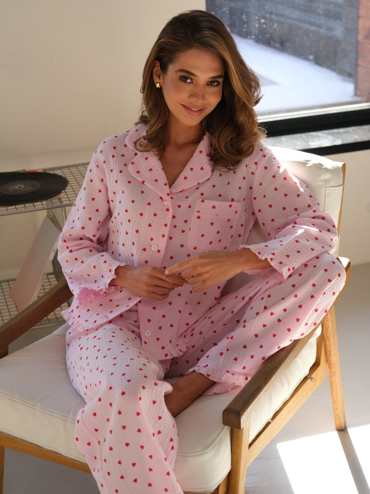 Muslin pink pajama set with print