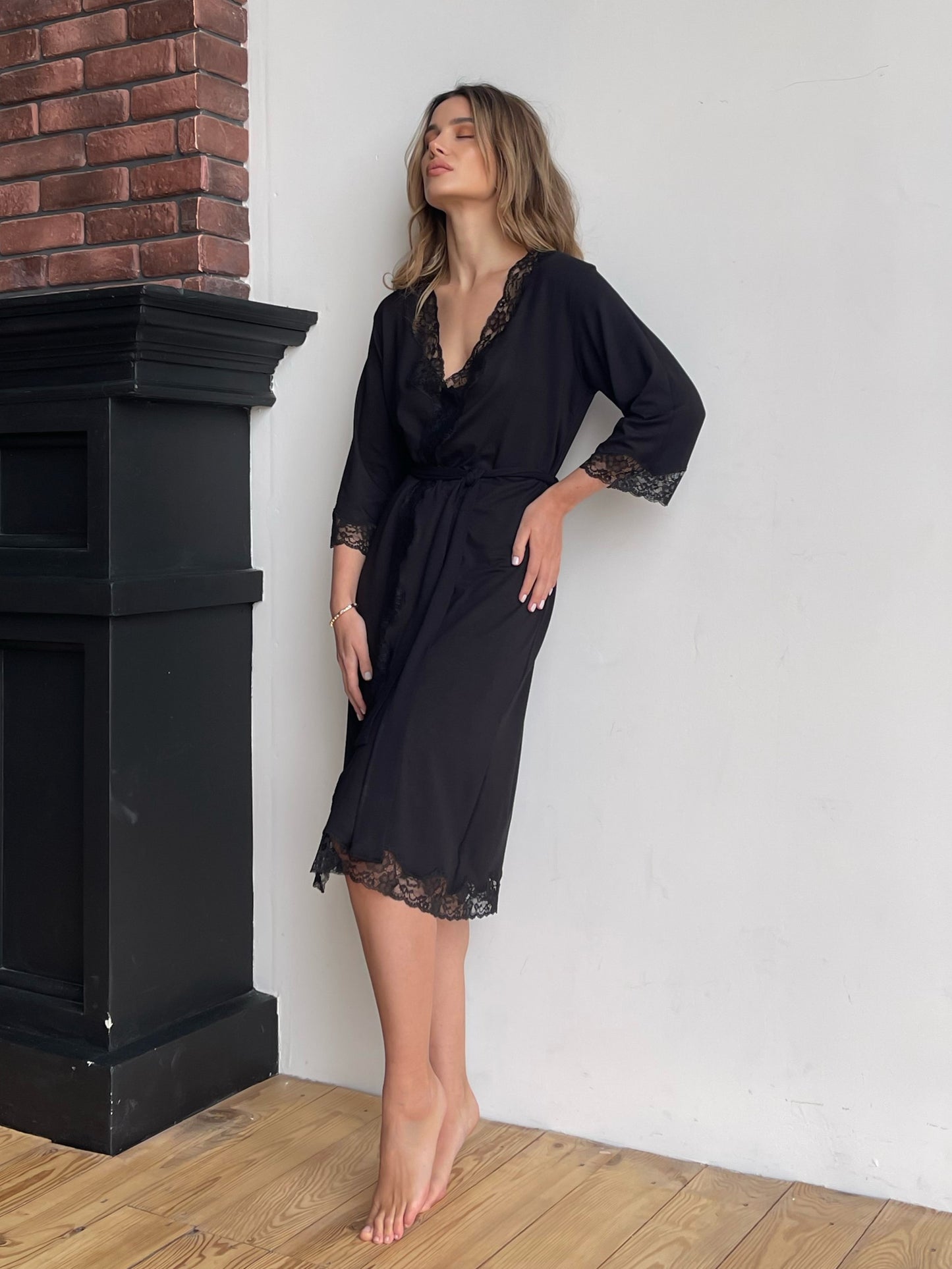 Black midi boudoir robe with lace