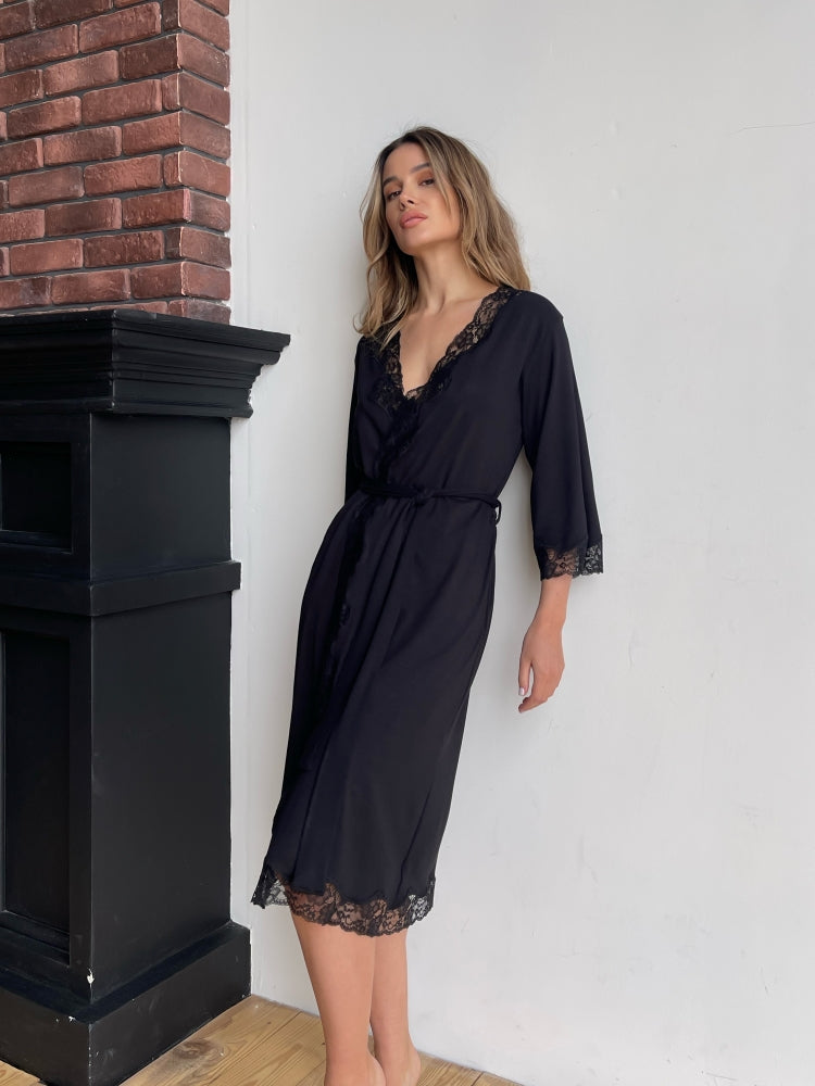 Black midi boudoir robe with lace