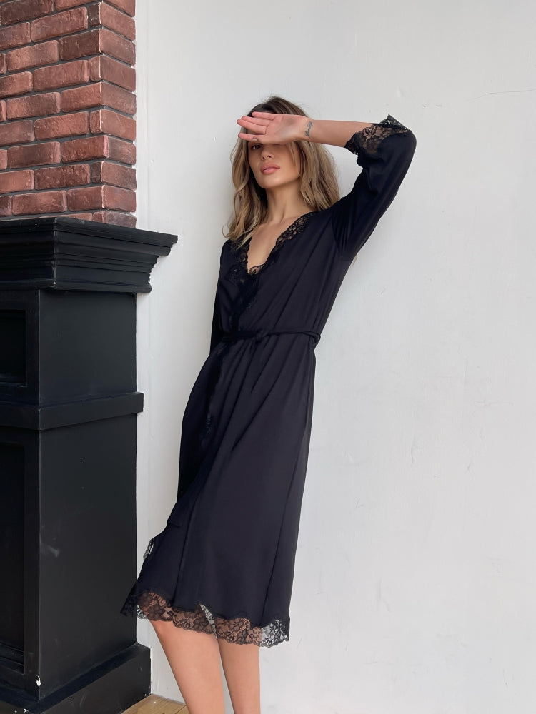 Black midi boudoir robe with lace