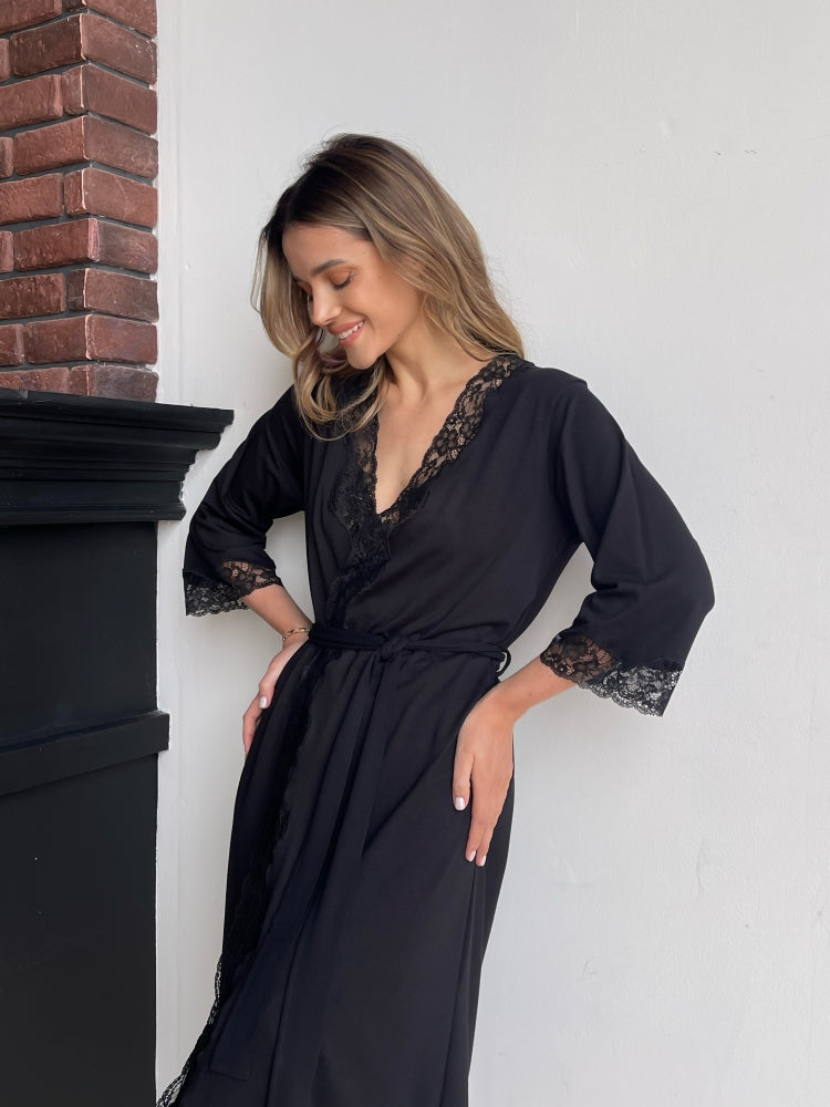 Black midi boudoir robe with lace