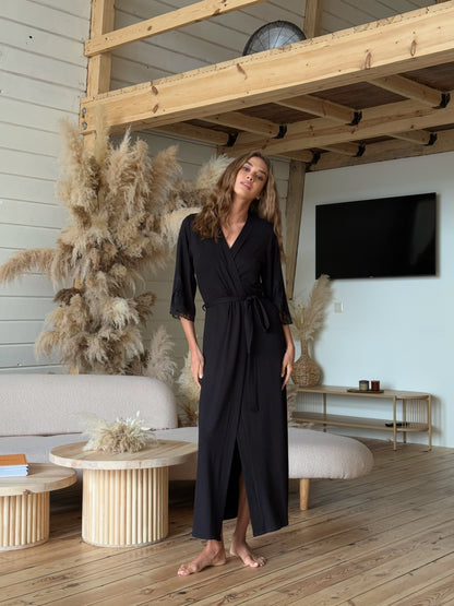 Black long boudoir robe with lace