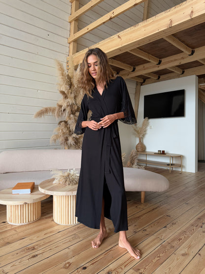 Black long boudoir robe with lace