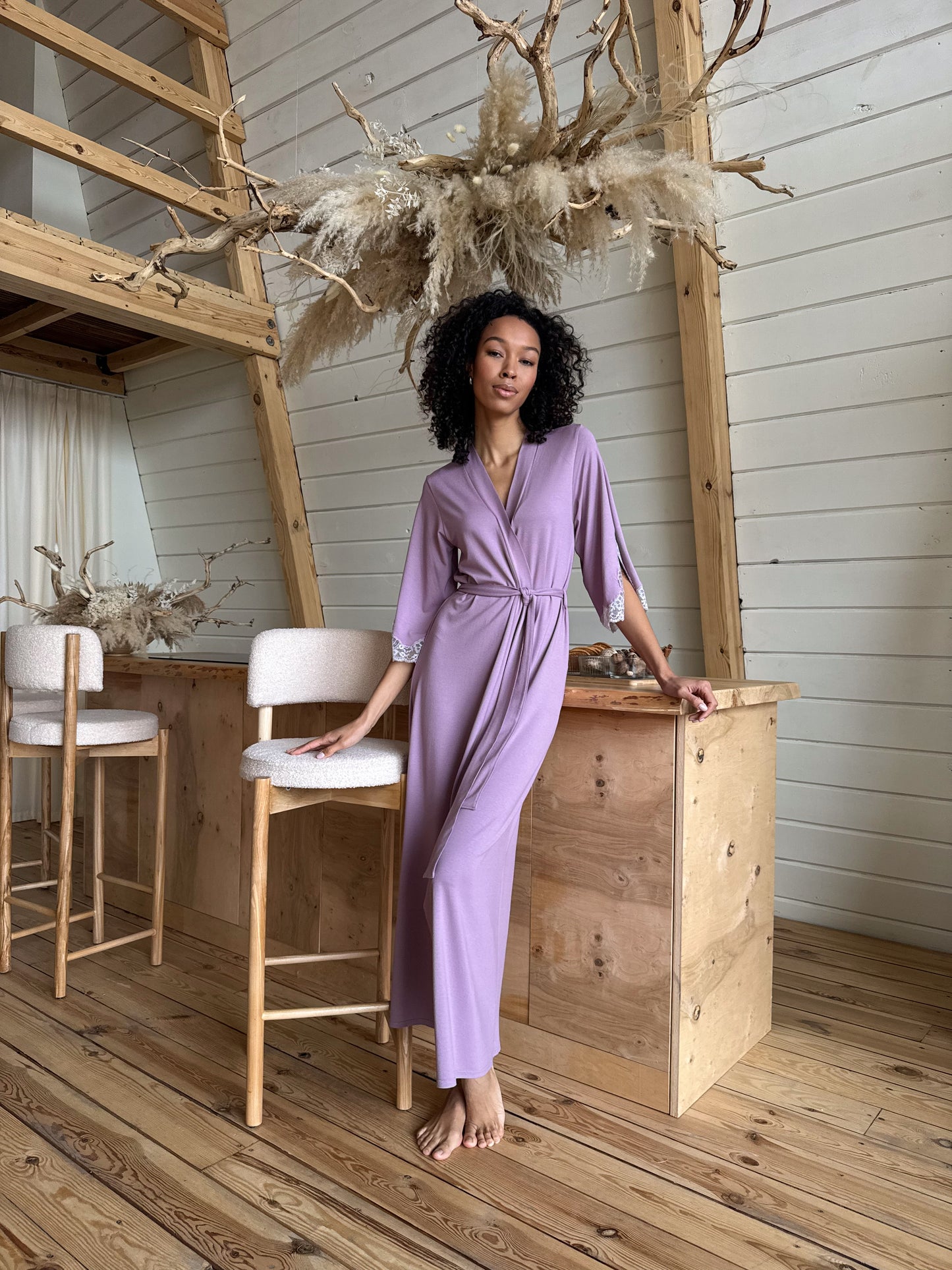 Lilac long boudoir robe with lace