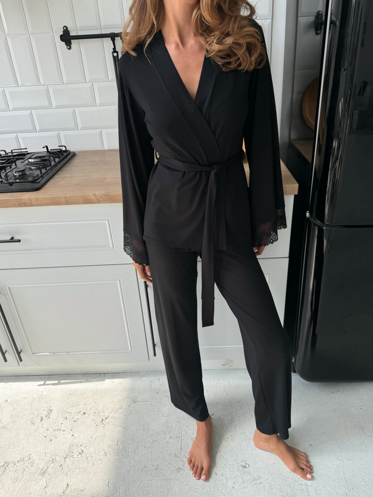 Elegant three piece pajamas set Black