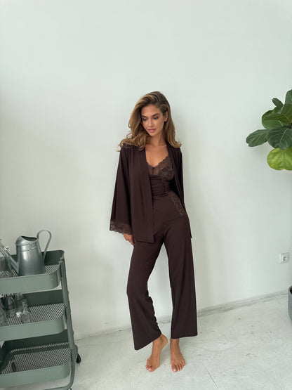 Elegant three piece pajamas set Chocolate