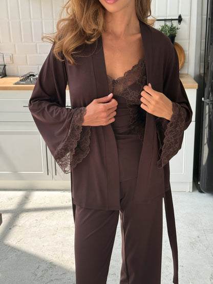 Elegant three piece pajamas set Chocolate
