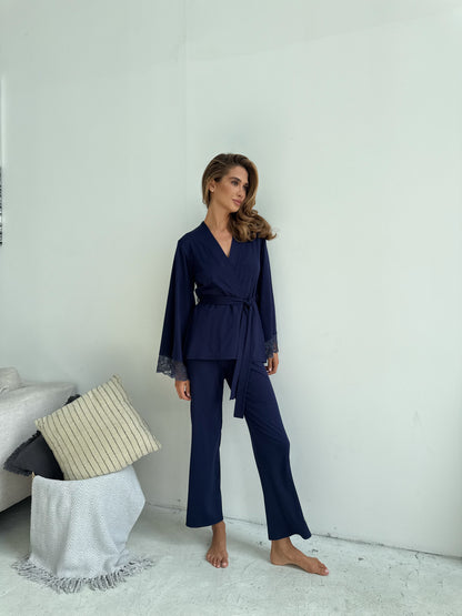 Elegant three piece pajamas set Blue