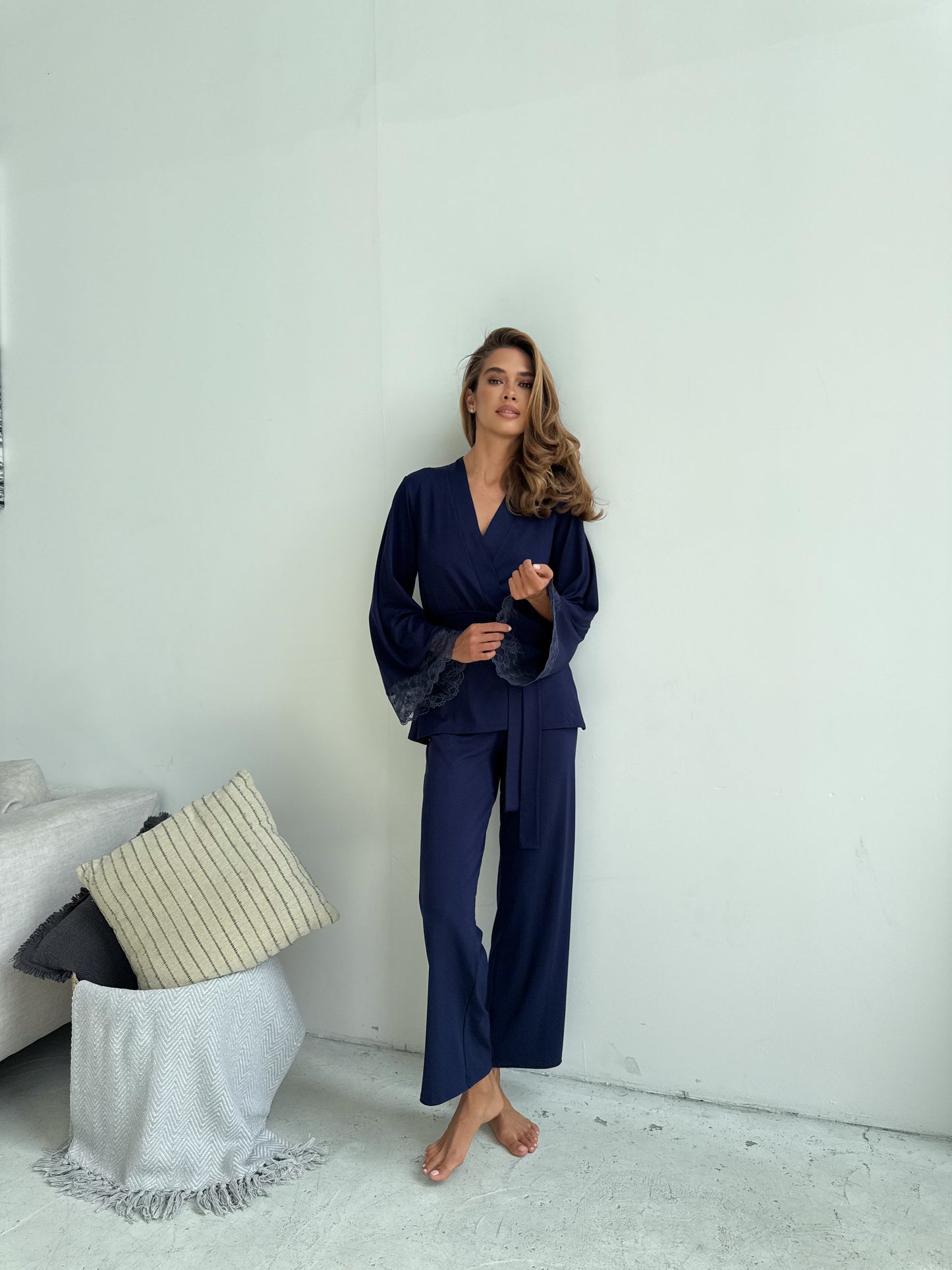 Elegant three piece pajamas set Blue