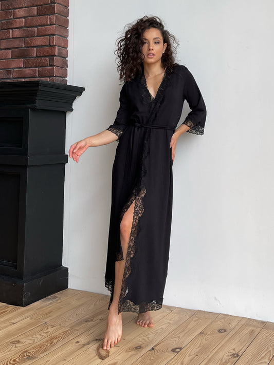 Black long boudoir robe with lace