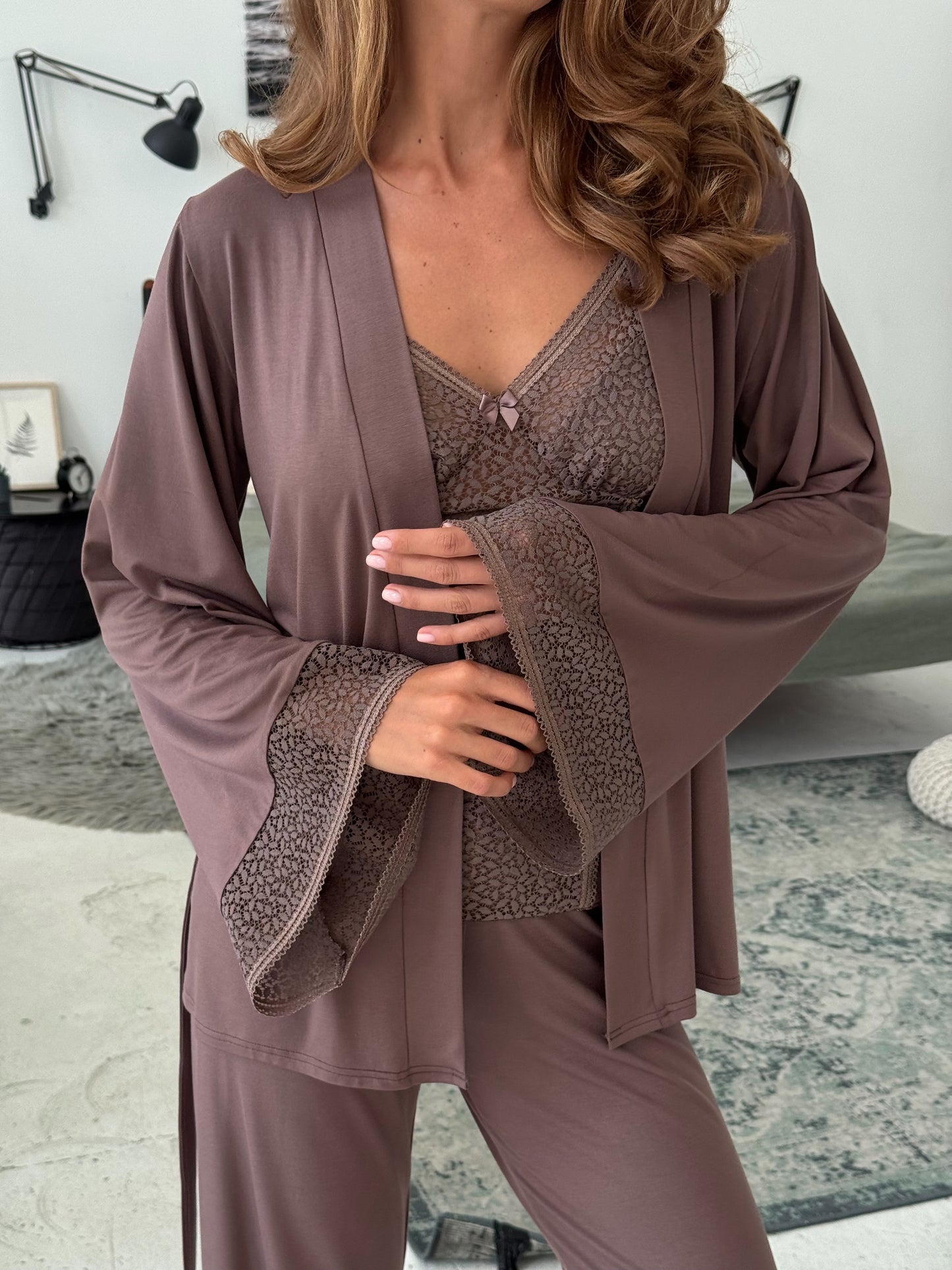 Elegant three piece pajamas set Milk Chocolate
