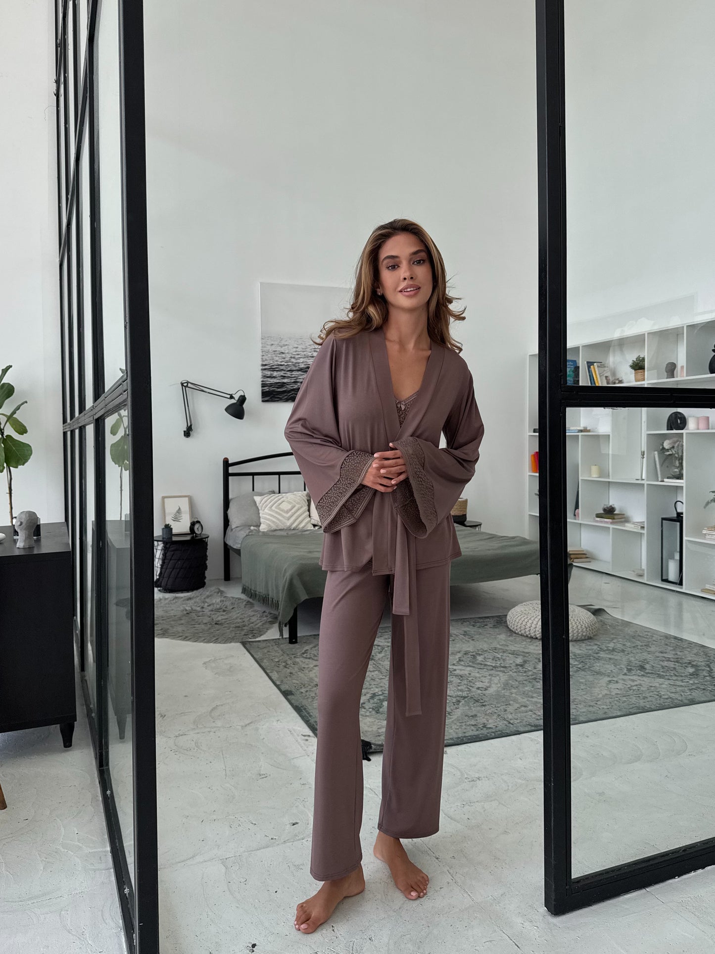 Elegant three piece pajamas set Milk Chocolate