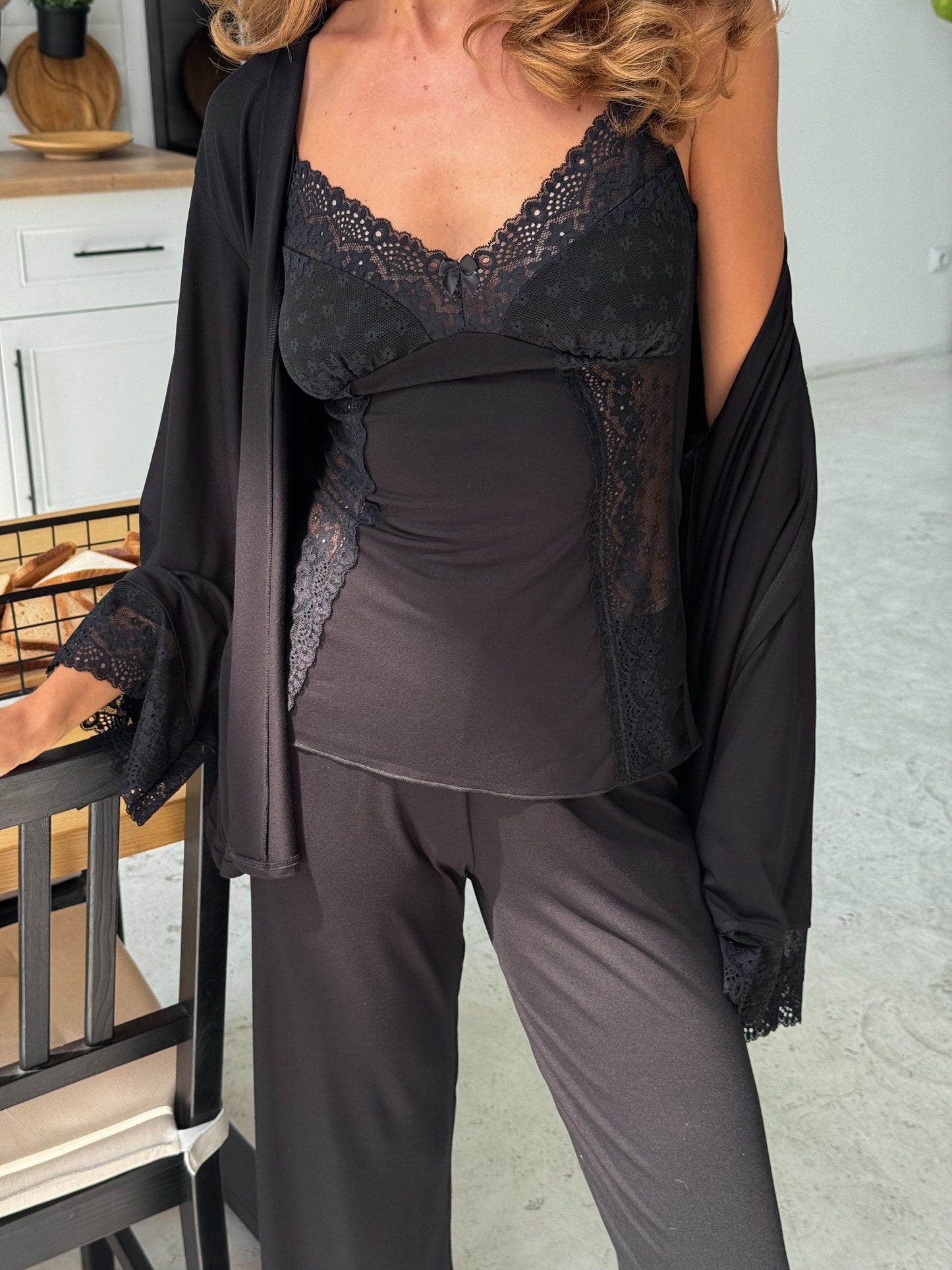 Elegant three piece pajamas set Black