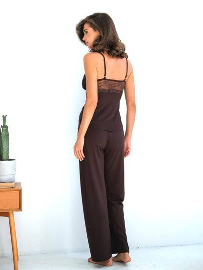 Elegant brown three piece pajamas set with lace