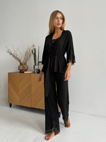 Elegant black three piece pajamas set with lace