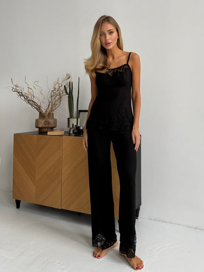 Elegant black three piece pajamas set with lace