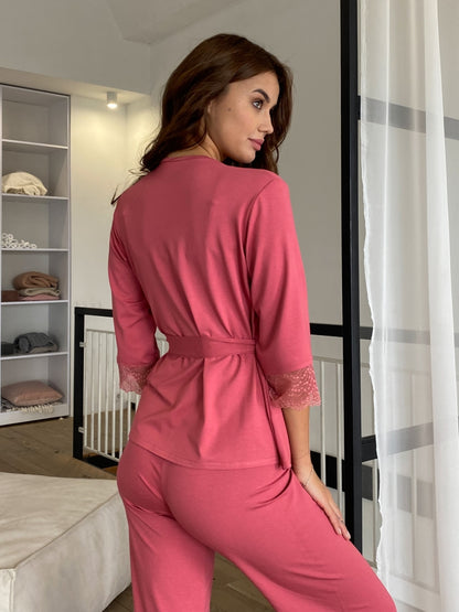 Pink three piece pajamas set with lace
