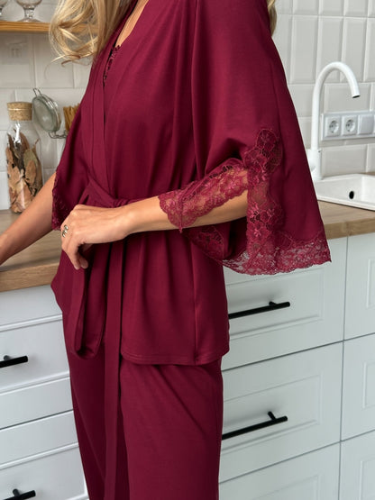 Elegant burgundy three piece pajamas set with lace
