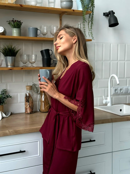 Elegant burgundy three piece pajamas set with lace