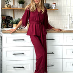 Elegant burgundy three piece pajamas set with lace