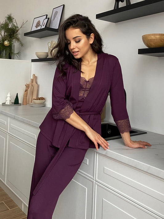 Purple three piece pajamas set with lace