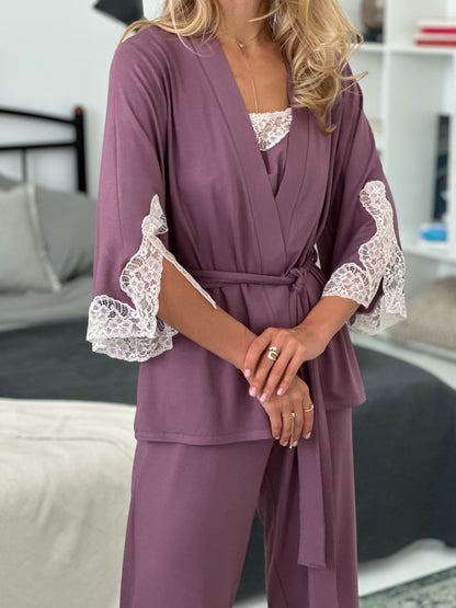 Elegant rose gold three piece pajamas set with lace