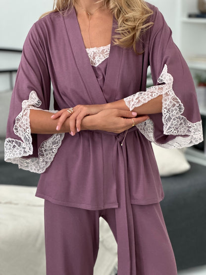 Elegant rose gold three piece pajamas set with lace