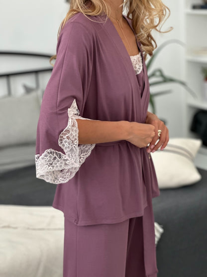 Elegant rose gold three piece pajamas set with lace