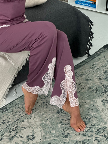 Elegant rose gold three piece pajamas set with lace