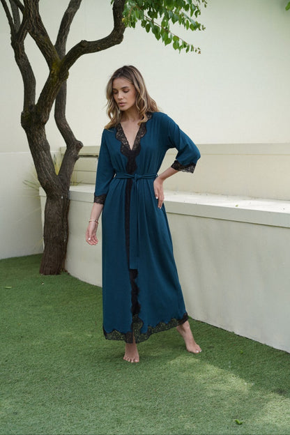 Emerald green long boudoir robe with lace