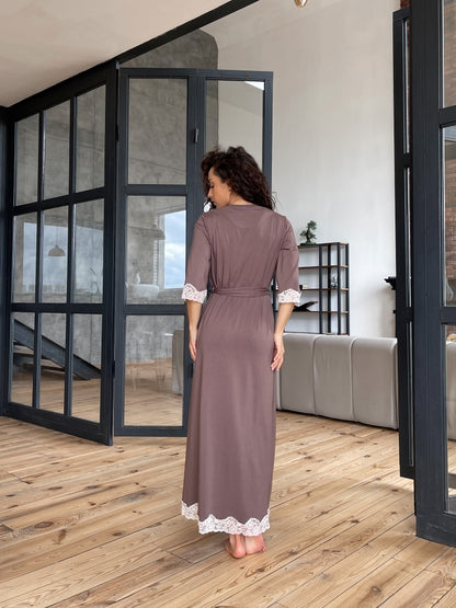 Biege long boudoir robe with lace