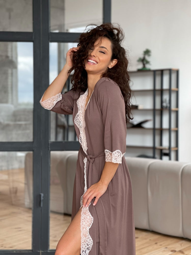 Biege long boudoir robe with lace