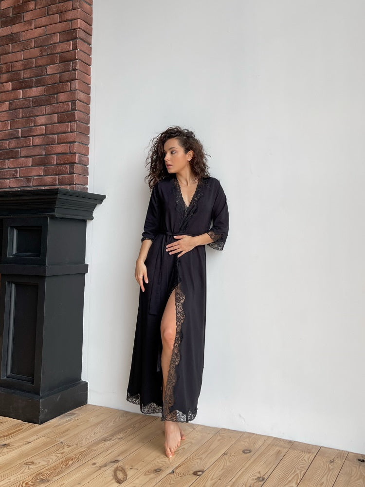 Black long boudoir robe with lace