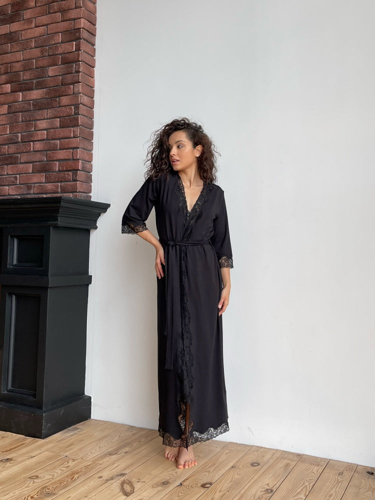 Black long boudoir robe with lace