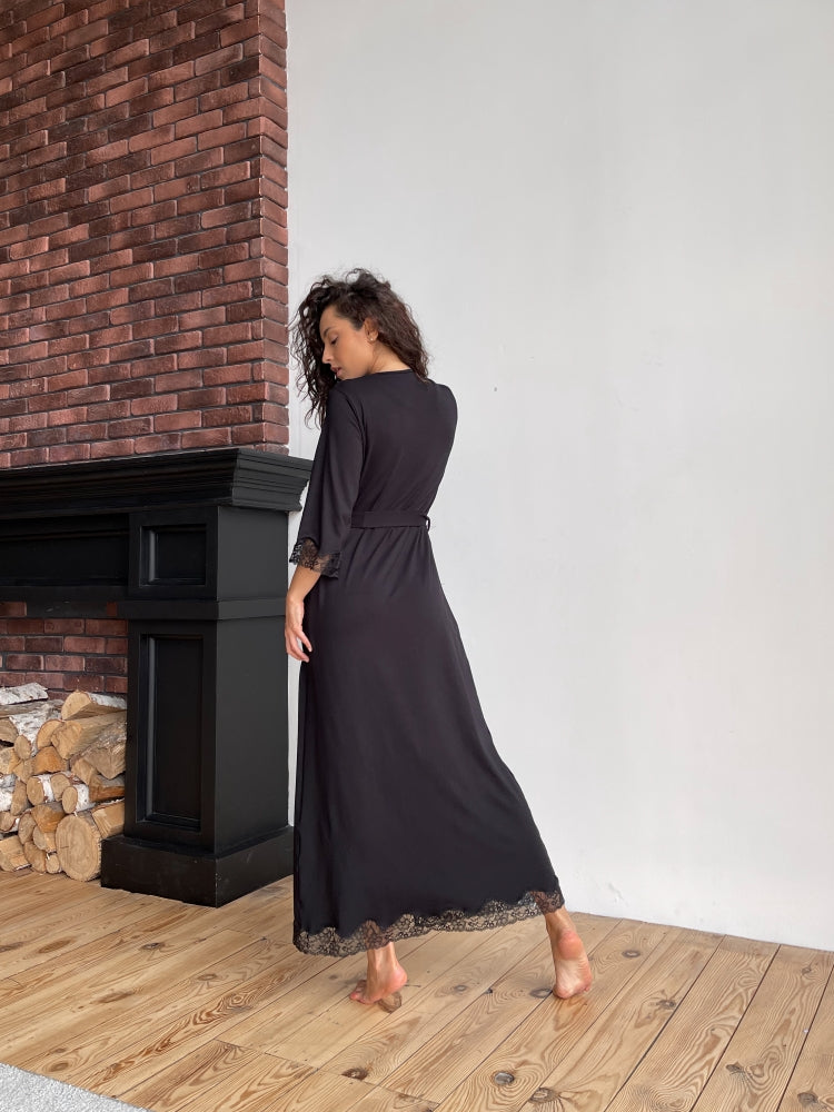 Black long boudoir robe with lace
