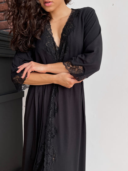 Black long boudoir robe with lace
