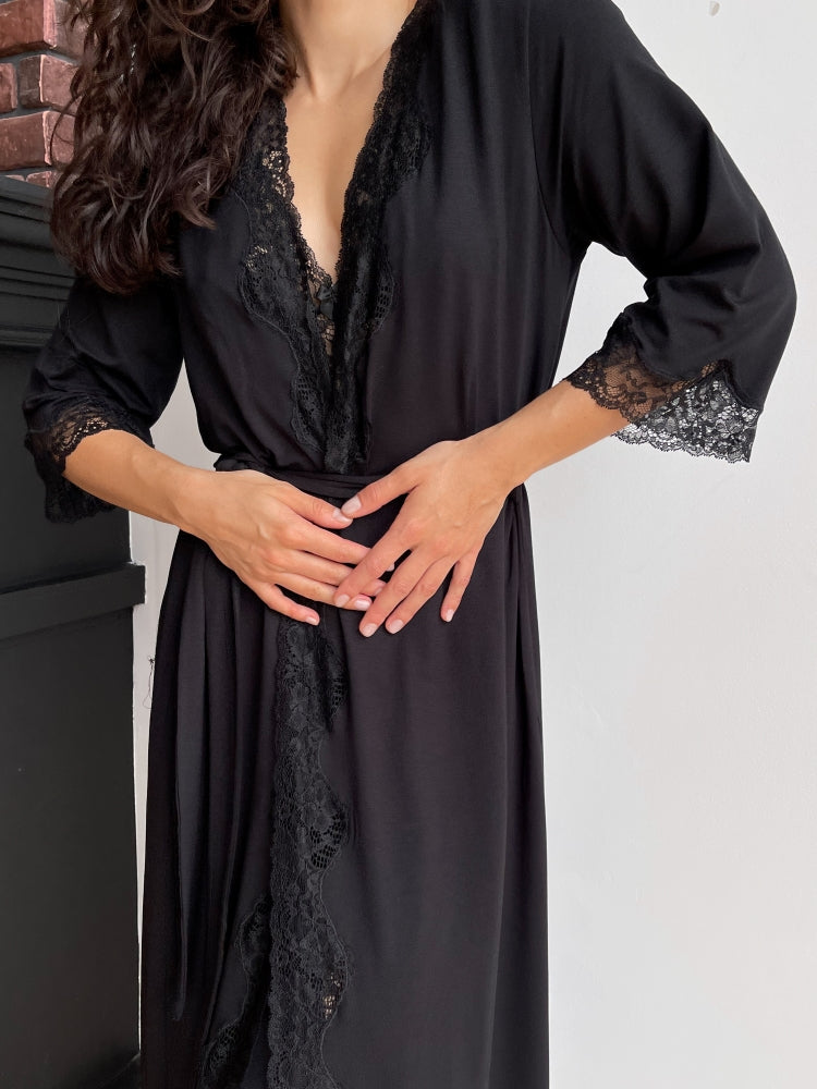 Black long boudoir robe with lace