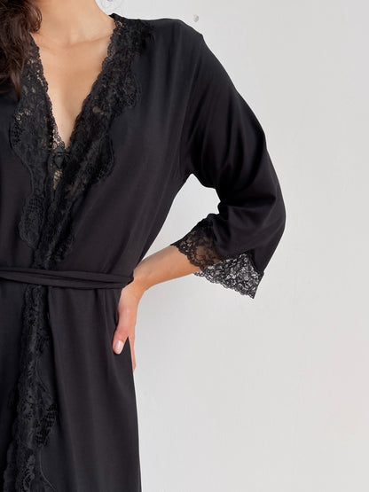 Black long boudoir robe with lace