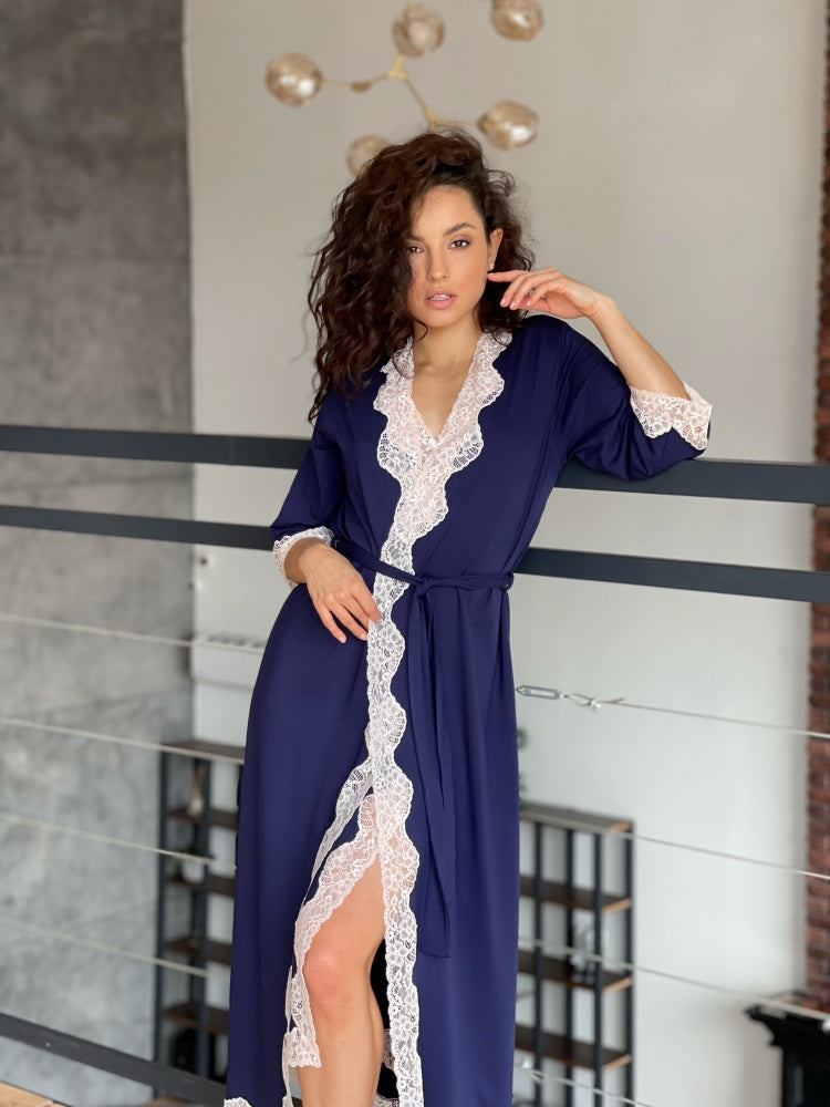 Navy long boudoir robe with lace