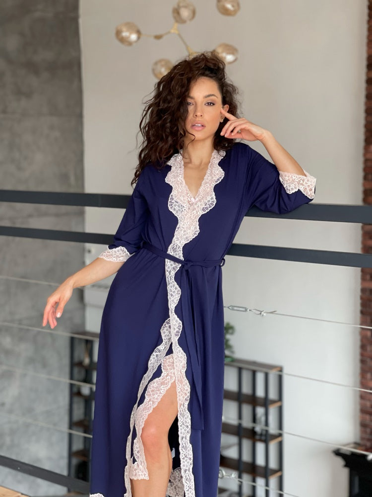 Navy long boudoir robe with lace