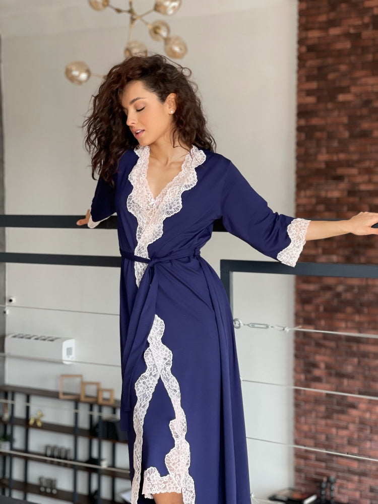 Navy long boudoir robe with lace