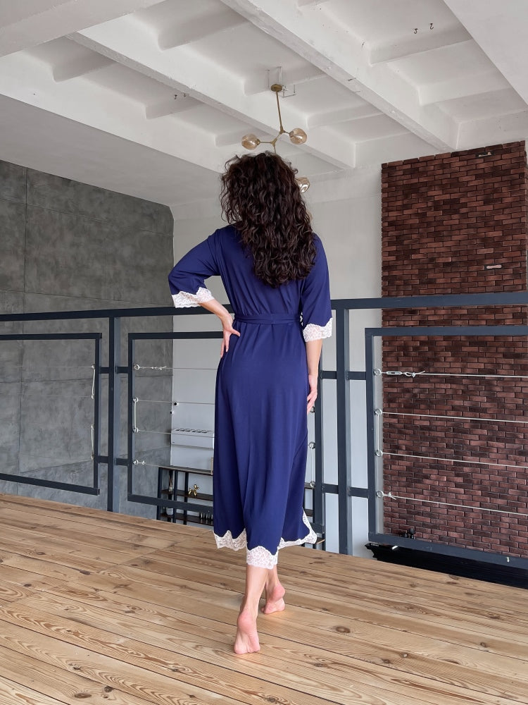 Navy long boudoir robe with lace