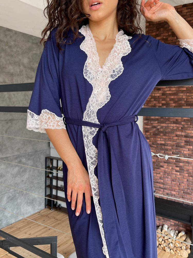 Navy long boudoir robe with lace