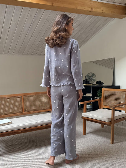 Muslin gray pajama set with print