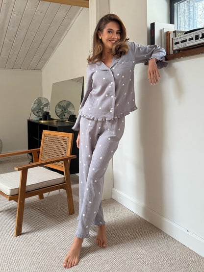 Muslin gray pajama set with print