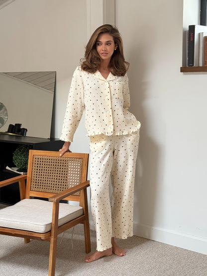 Muslin beige pajama set with print