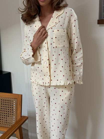 Muslin beige pajama set with print